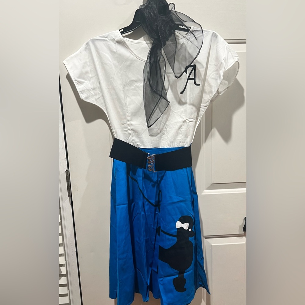 White and Blue Costume Dress with Black Poodle Skirt Design